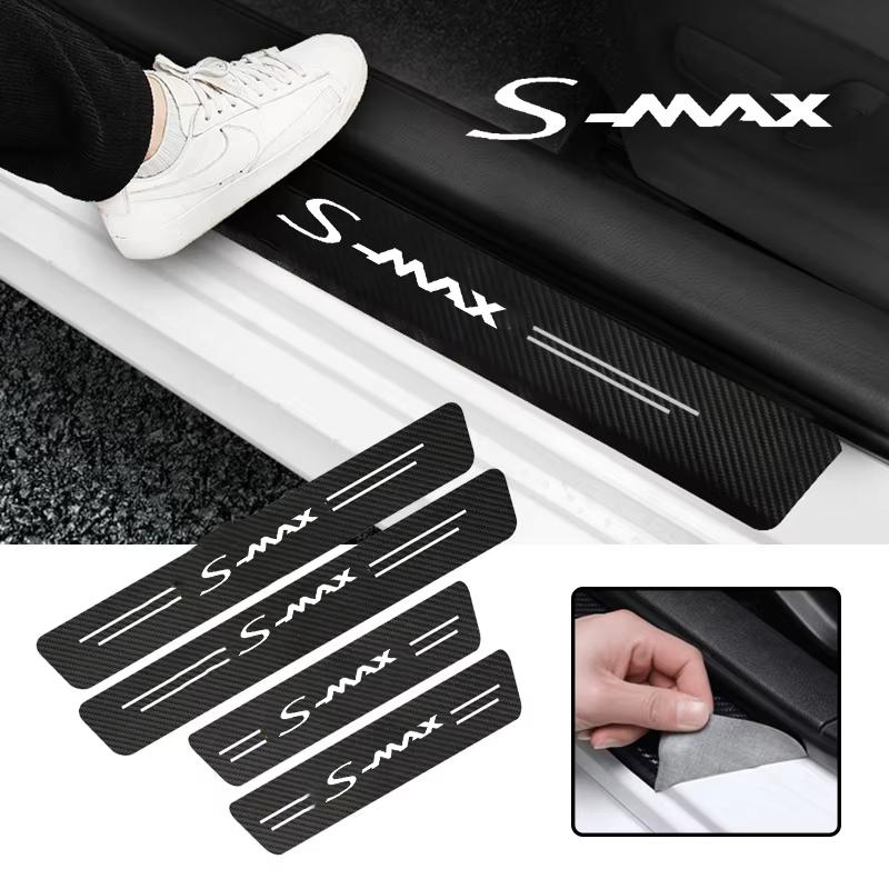 AJW1 New Carbon Fiber Car Door Sill Sticker Threshold Side Anti Scratch Sticker For Ford S-MAX Logo Waterproof Decal Car Accessories