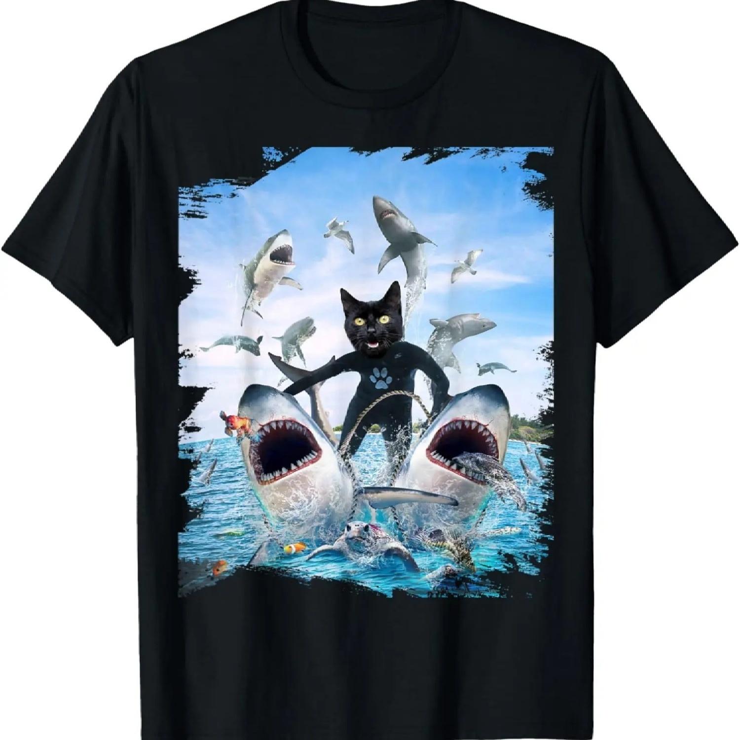 Черный кот едет на акуле Акулы на пляже Океан Смешная футболка S