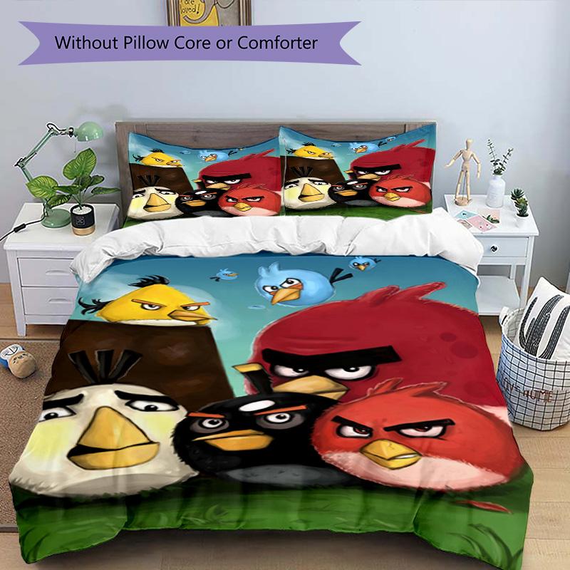3pcs Duvet Cover Set (1*Duvet Cover + 2*Pillowcase, Without Core), Angry Birds Print Bedding Set, Bedroom Decor, All‑Season, Birthday Gift