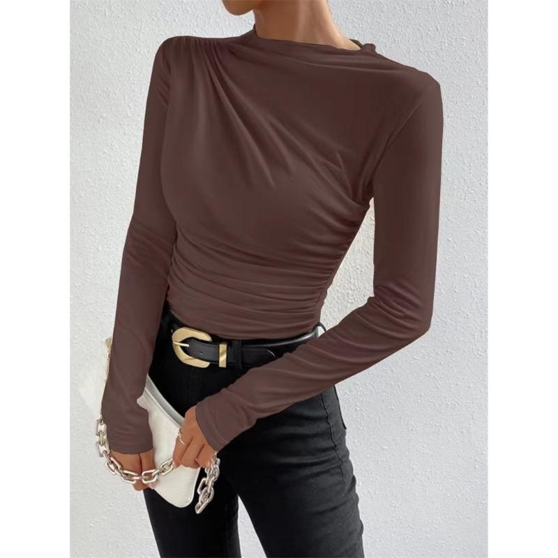 Fashion Long Sleeved Pleated Slim Fit Women T-shirt Solid Color Elegant Half Turtleneck Slim-fit Bottoming Tees Shirt Female Solid Color Basic Tops