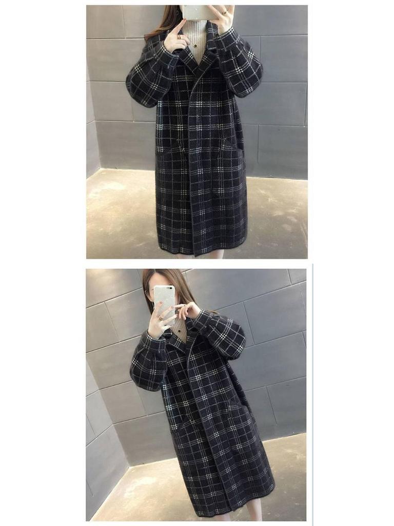 Korean Style Plaid Mid-Length Knit Jacket - Loose Fit, Long Sleeve, Autumn/Winter Women's Fashion.