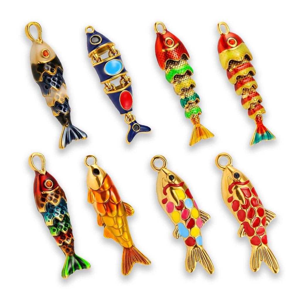Luxury Enamel Koi Fish Pendant Necklace with Movable Stainless Steel Accents