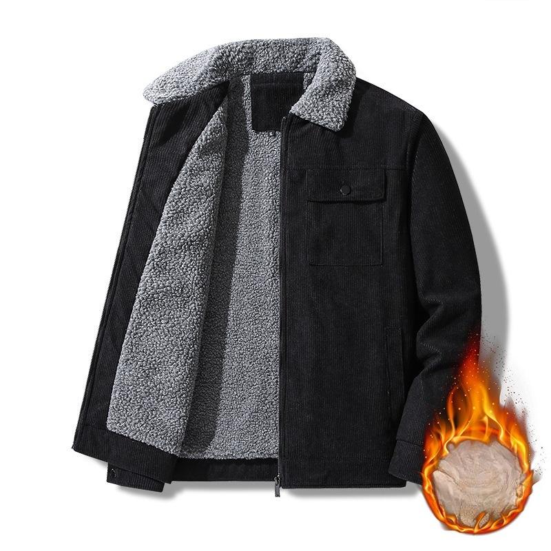 Corduroy Work Jacket for Winter Men's Plush Thickened Lamb Velvet Collar Jacket for Middle-aged and Elderly Cotton Clothing