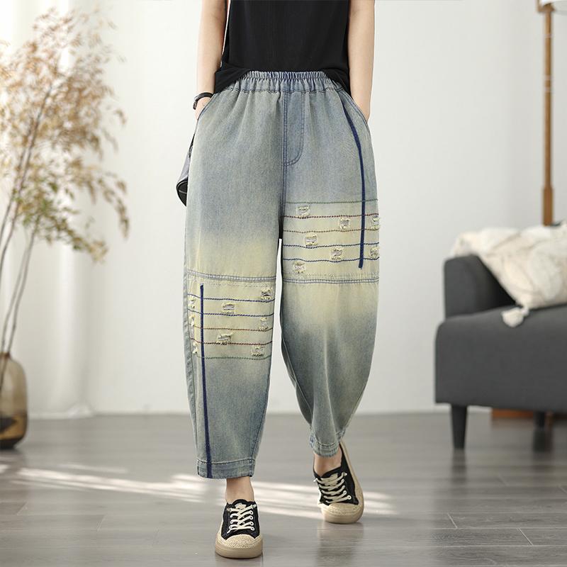 Übergröße dünn Vintage Stickerei Loch hohe Taille lässig locker Damen Sommer Jeans Denim Haremshose