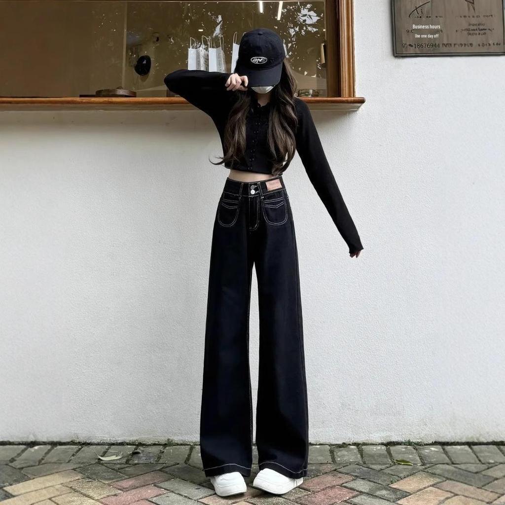 Women's Black Wide-Leg Jeans, 2025 Spring/Autumn: High-Waist, Buttoned, Slimming, Floor-Length, Straight Fit.