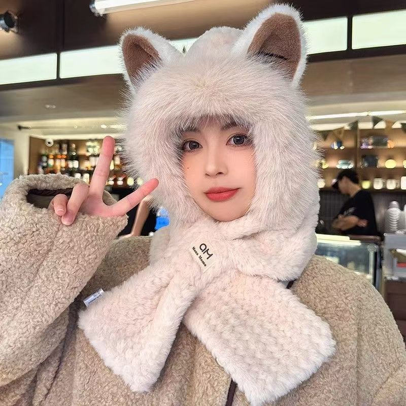 Autumn-Winter Fashion Plush Warm Hat with Fox Ears and Scarf Set for Women, Cute Animal Winter Two-Piece Outfit Plus Neck Warmer