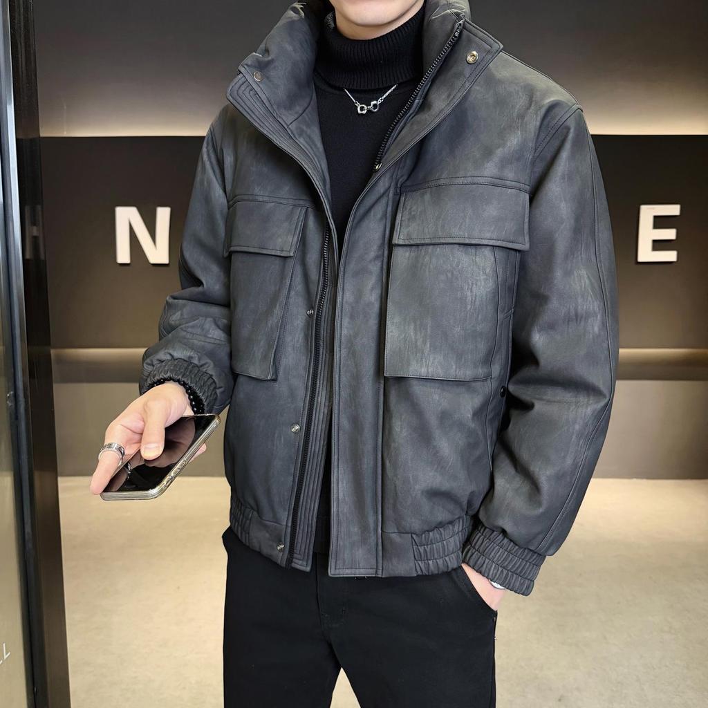 Men's 2025 Lightweight Leather Down Jacket: Stylish Short Winter Coat with Thick Stand Collar for Youth.