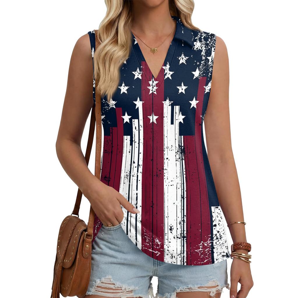 Women Sleeveless Button Front Vest Independence Day Print V Neck Collar Casual Fashion Tank Top