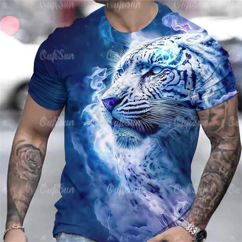 Tiger Print T-Shirt 3D Animal Men's Shirts Summer Short Sleeved Male Pullover Oversized T-shirts Casual Tops Tees Men Clothing