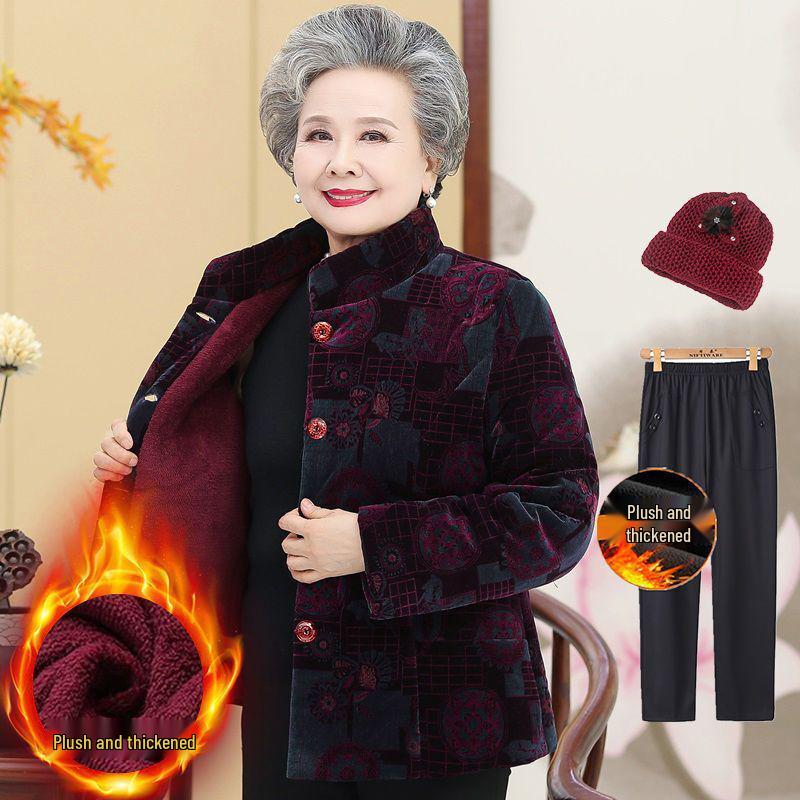 Fleece-Lined Winter Jacket for Middle-Aged and Elderly Women: Grandma Style, Thickened Cotton, Two-Piece Set (Top and Jacket).