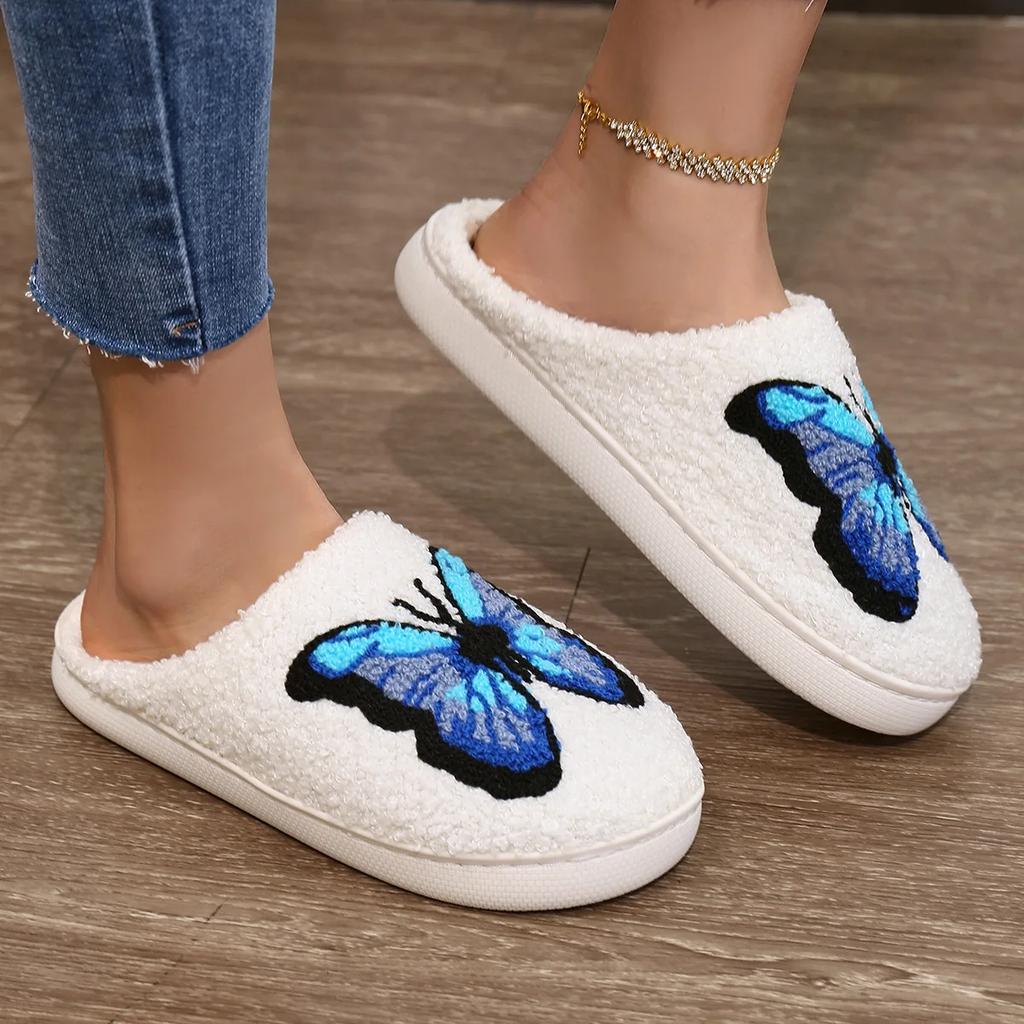 Cartoon Butterfly Print Home Slippers Women Winter Plush Warm Soft Sole Cotton Shoes Woman Comfort Non Slip Flat Indoor Slippers