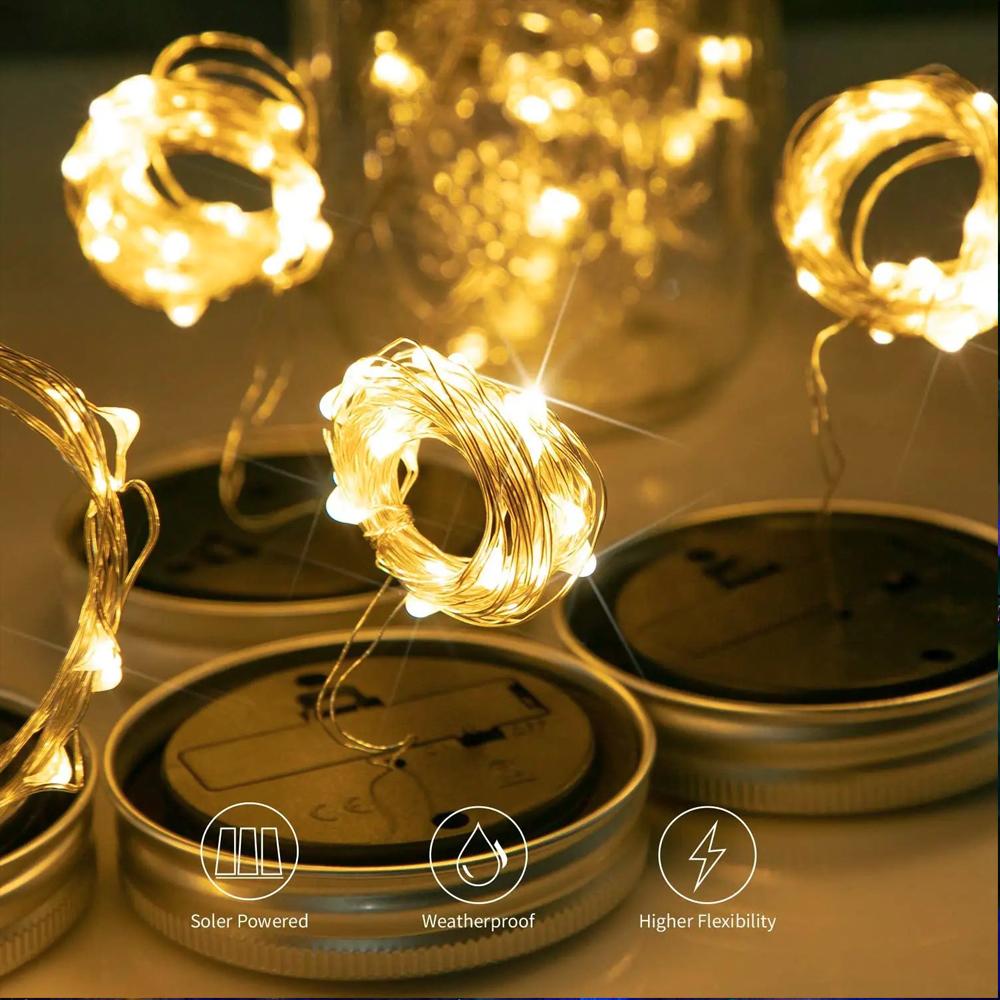 Solar Mason Jar Lid Light 20 Leds Fairy String Lights with Handles for Garden Hanging Lantern Patio Wedding Party (No Jar)