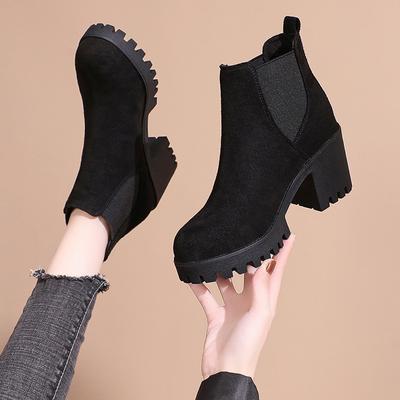 Spring And Autumn  Fashion Temperament Thick Heel Plush Thick Sole Women's British Syle Frosted Leather High-heeled Boots