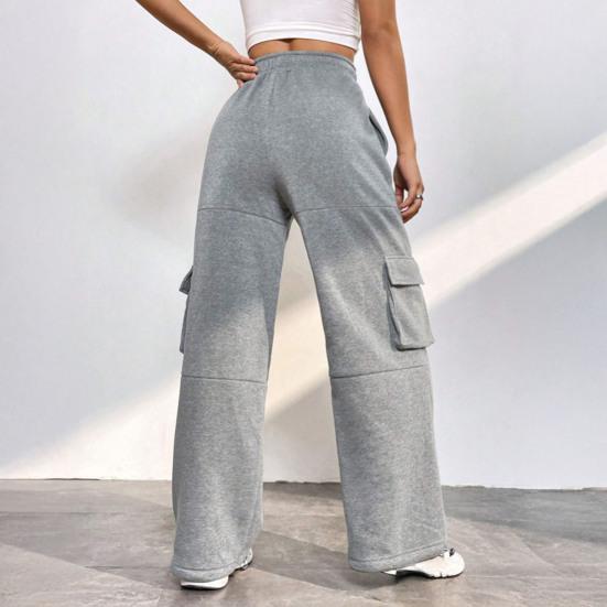 Women Cargo Pants Elastic High Waist Adjustable Drawstring Long Pants with Multi Pockets Wide Leg Design Solid Color Casual Pants