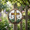 Acrylic Puzzle Toy Hanging Ornament Stained Glass Style Cross with Floral Design Round Shape Decorative Window Hanging Piece