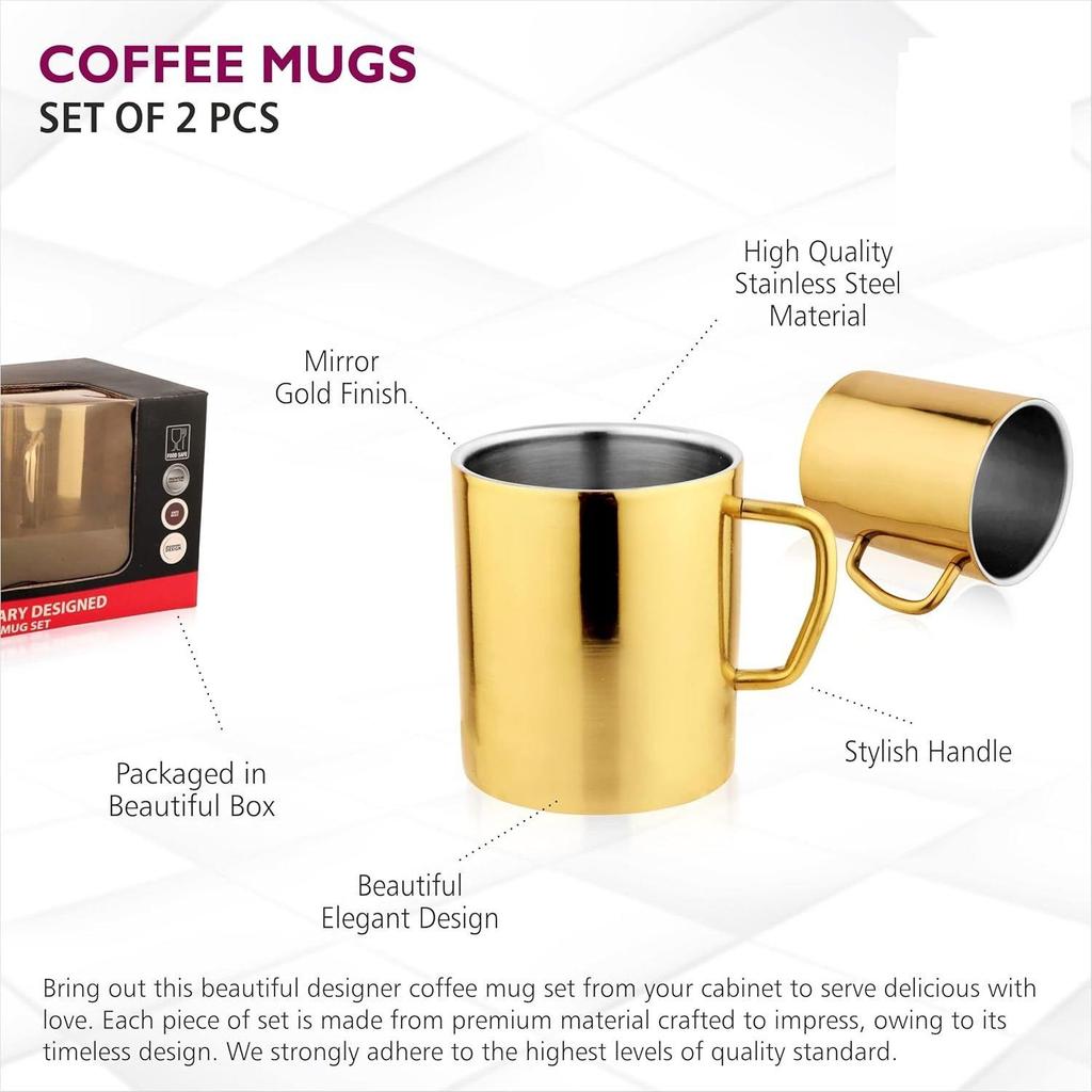 Nerezové hrnky na kávu - Dvojstěnné Bez BPA - Šálek na čaj Široké ucho - Zlatá barva