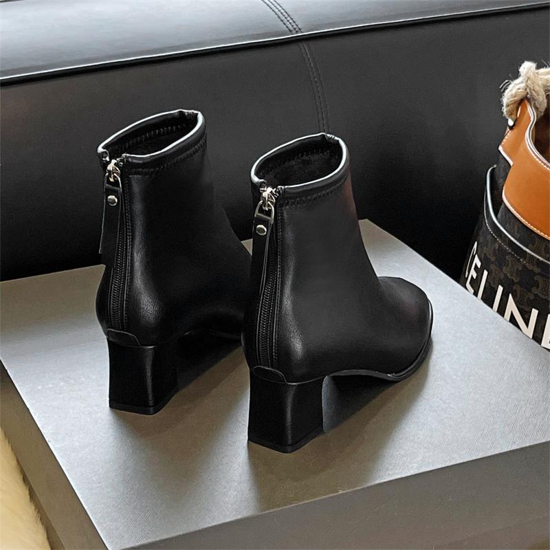 2024 Spring and Autumn New Fashion Round Head Solid Leather Surface Simple Back Zipper Versatile Women's High Heel Naked Boots