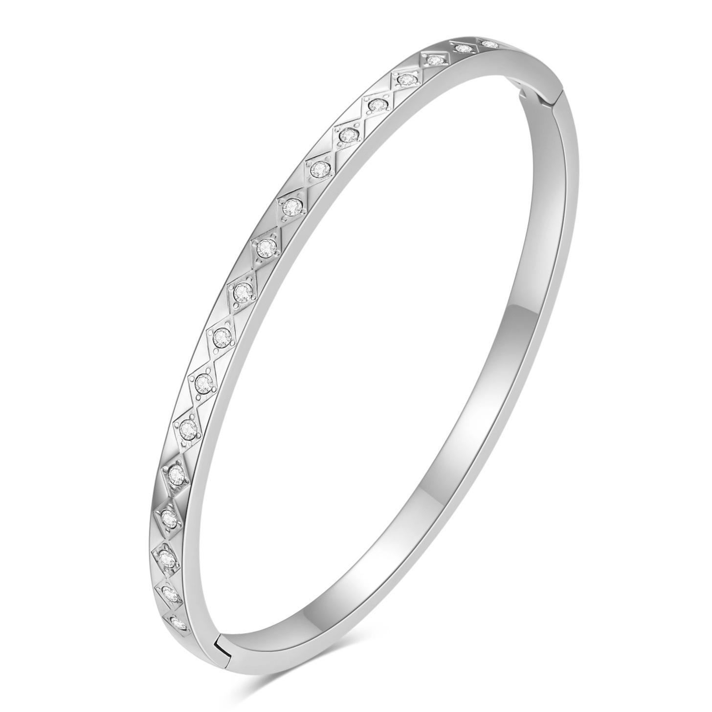 New 4MM Oval Rhombus Rhinestone Stainless Steel Open Bangle