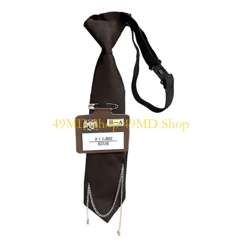 

49MD Pre Tied Necktie with Pin Name Badge Chain Uniform Tie Preppy Student Neckwear