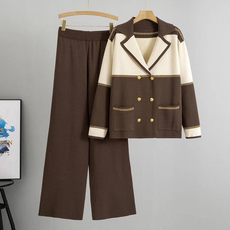 

Женская мода повседневная весна осень цветные блоки принт длинный рукав поло воротник брюки костюмы Size: One Size темно-коричневого