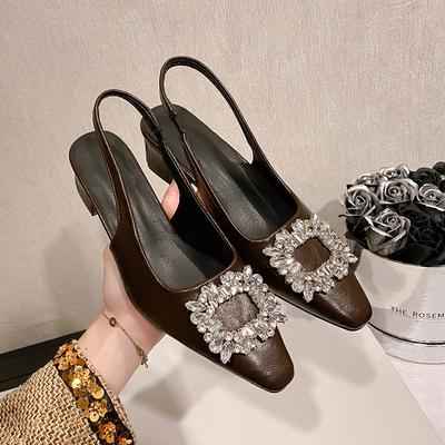 Rhinestone Baotou Summer New Square Head Back Empty Pedal Mary Jane Middle Heel Sandals