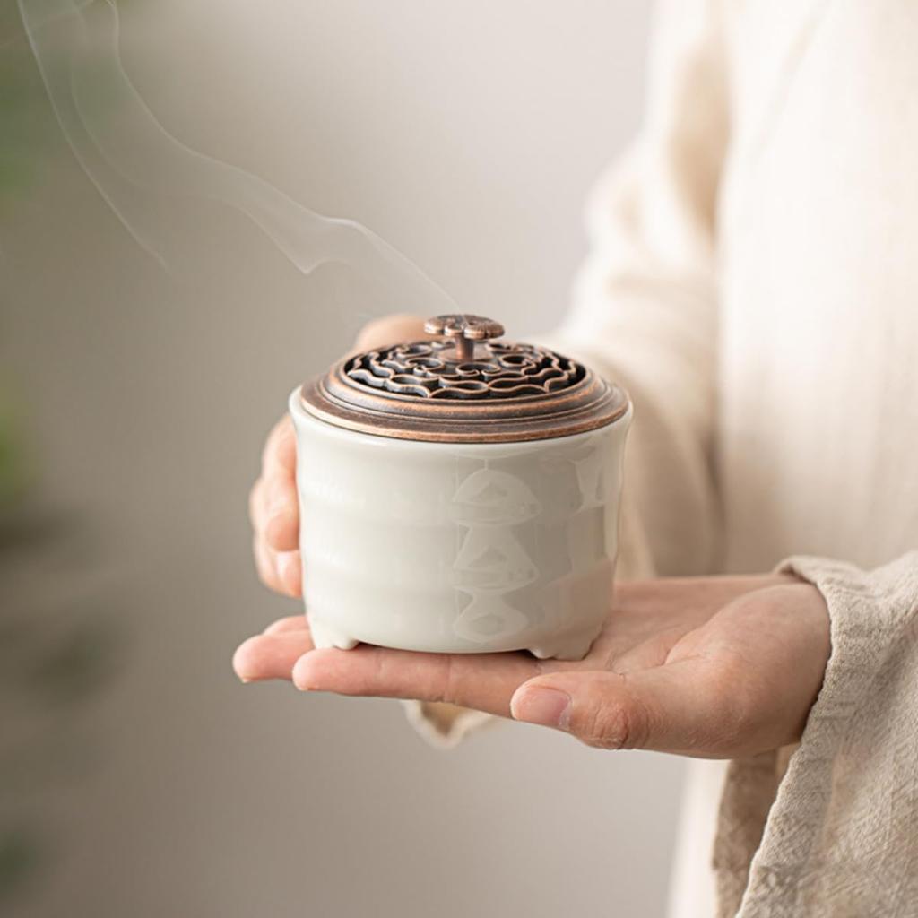 Stylish Ceramic Incense Burner with Lid, Metal Mesh, and Spiral Incense Sticks, Cones, and Container, Ideal for Buddhist Altars, Pets, Yoga, Reading,