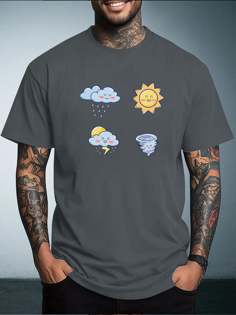 Unisex Summer White Short Sleeve Tee Cute Cartoon Weather Sun Rain Cloud Tornado Graphic Print Crew Neck Loose Casual Male Tops