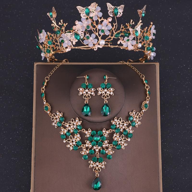 Luxus Kristall Krone Halskette Ohrring Set Strass Schmetterling Braut Schmuckset Braut Hochzeit Haarschmuck Schmuck Krone