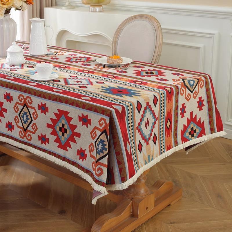 Bohemian Geometric Pattern Tablecloth Cotton Linen Rectangular Dining Table Cover Tea Table Runner 90*90cm
