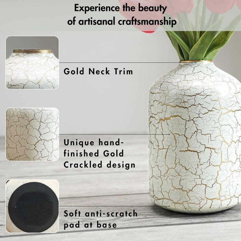 Metal Flower Vase For Home Decor Bedroom Living Room Office Wedding For Festivals Birthday Off-White Crackled(Flower Not Included)