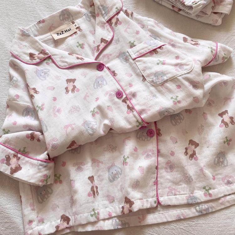 Japanese girl cartoon strawberry teddy bear pajamas women's summer short-sleeved shorts cardigan set loungewear two-piece set