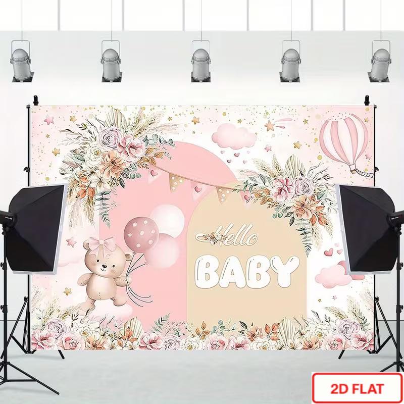 2D Hello Baby Photography Background, Soft Pink Cloud Star Floral Teddy Bear Baby Shower Decor Banner for Girls