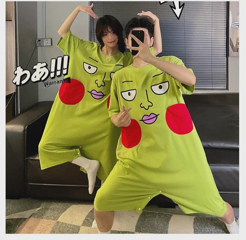 Pijama amuzantă de vară din bumbac pur cu gropițe - Rochie de casă lejeră cu mânecă scurtă pentru cupluri, pentru femei