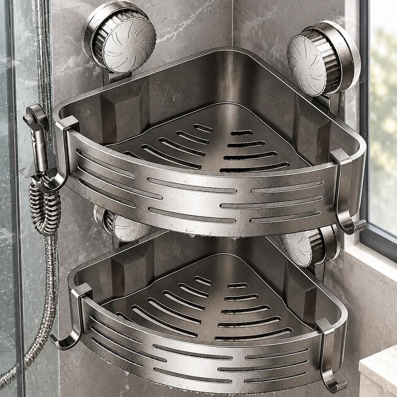 Durable triangular corner hook rack for bathroom storage, easy no-drill mounting