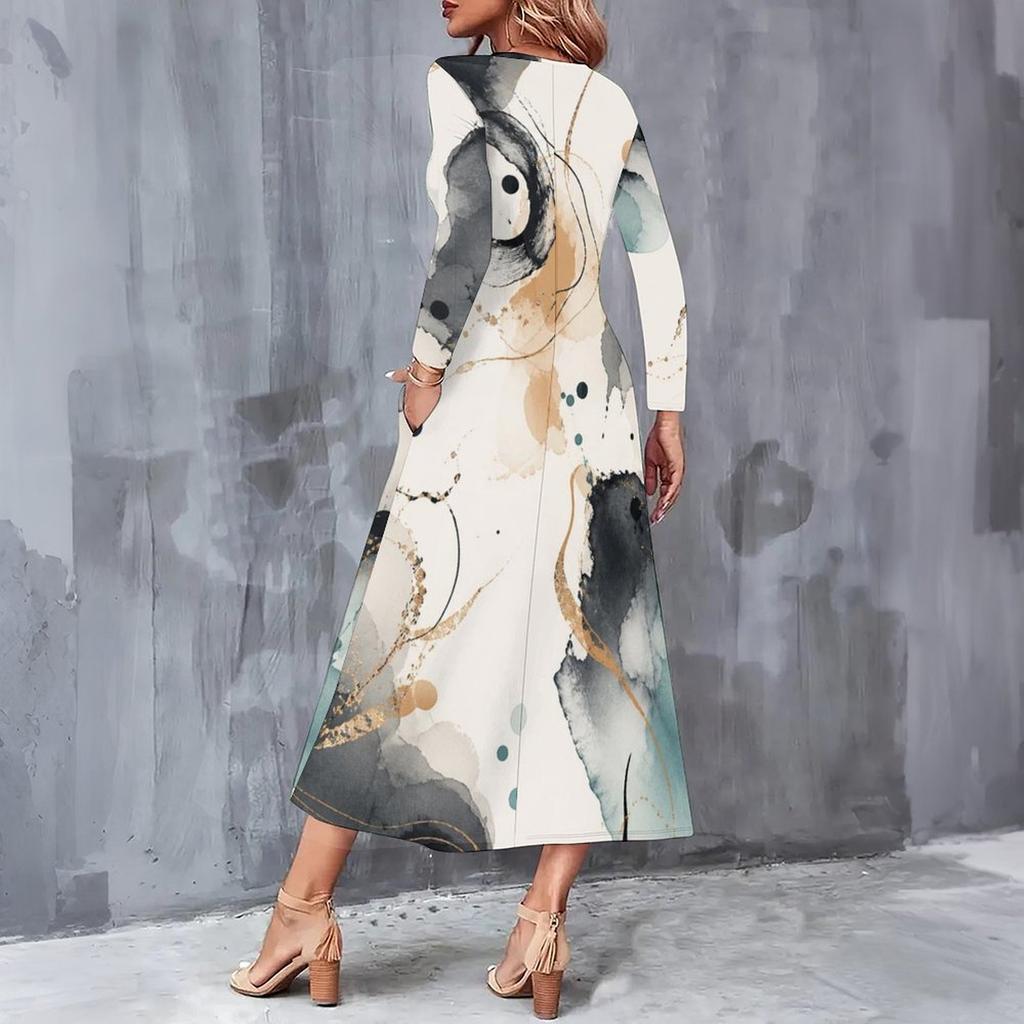 Women Plus Size V Neck Long Sleeve Printed A Line Midi Dress With Pockets