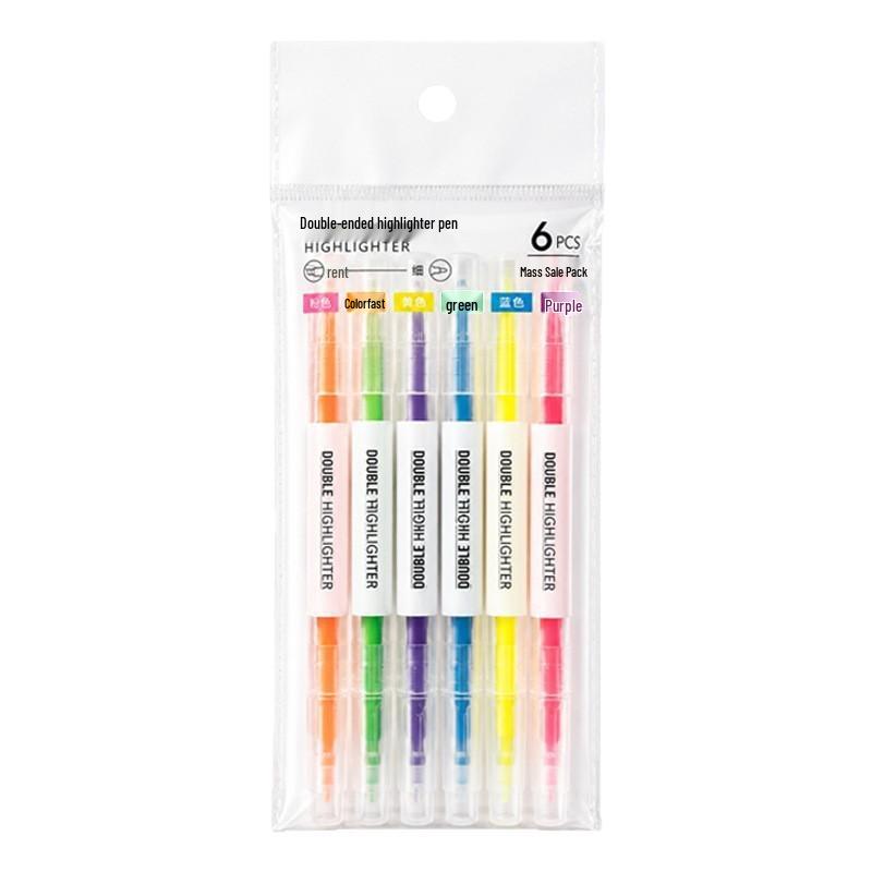 6-Color Double-Ended Fluorescent Highlighter Pen Set with Oblique Tips for Students and DIY Projects