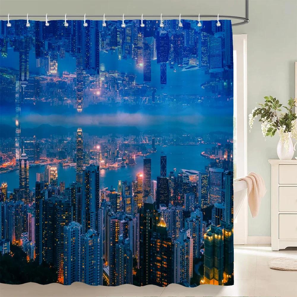 Zasłona prysznicowa Pejzaż nocny Nowego Jorku Miasto Most Budynek Zasłony do kąpieli 3D Retro Czarno-białe zdjęcie Dekoracje łazienkowe Zasłona