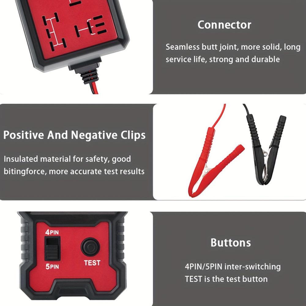 12V Relay Tester for 4/5-Pin Relays - Portable & Lightweight with Battery Clips