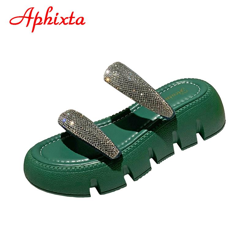 Fashion Aphixta 2025 New Summer Flat Platform Orange Slippers Women Sandals Luxury Crystals Shoes 5cm Chunky Sole Cool Slides