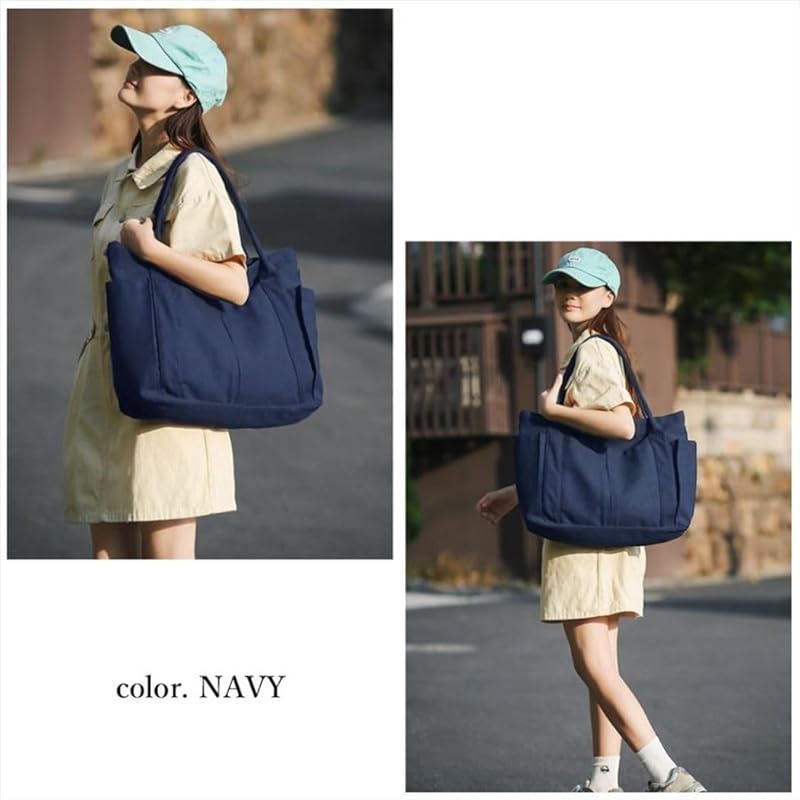 [FashionBerry] navy tote bag canvas ladies big mothers bag commute Commuting to school large capacity Fashionable canvas a4 cloth with pocket