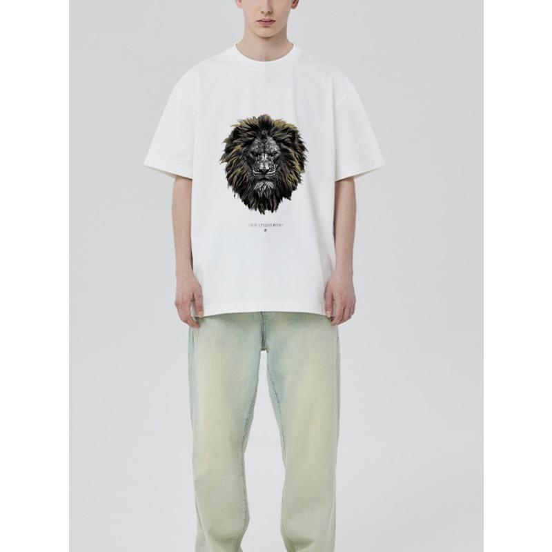 Men's Loose Fit T-Shirt White Lion Head Graphic Print Your Strong Point Text Casual Streetwear Top for Everyday Wear