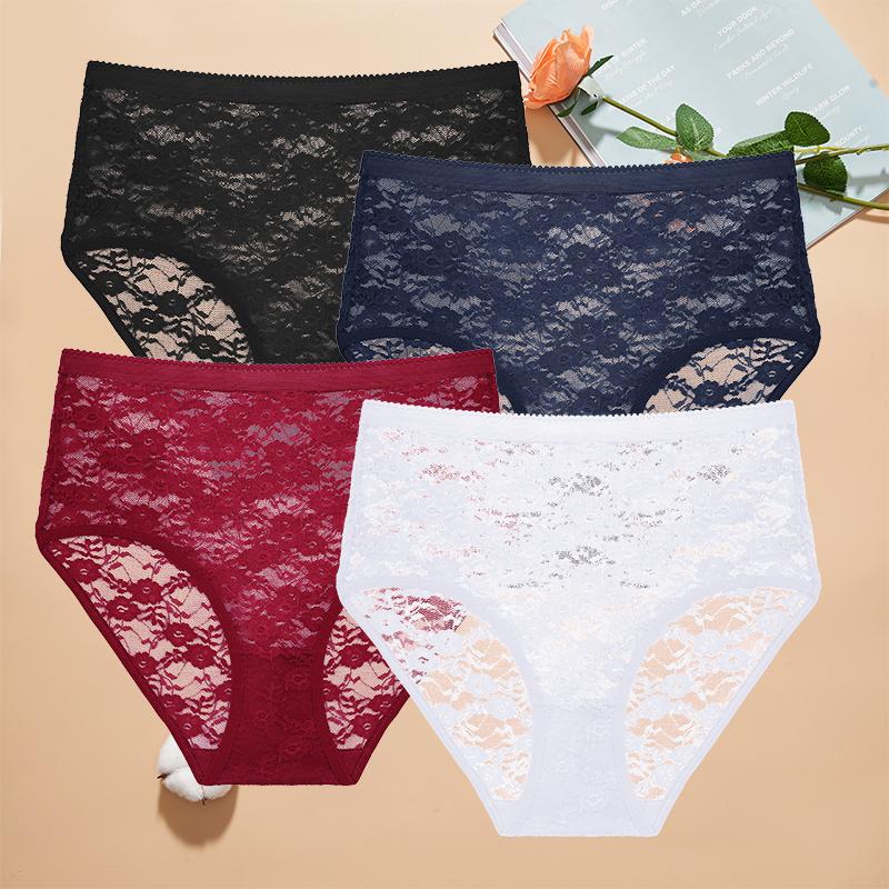 4 Stück Damen Spitzen-Slips Hohe Taille Sexy Unterwäsche Transparent Damen Unterhosen Enganliegend Übergröße Slips S-XXL