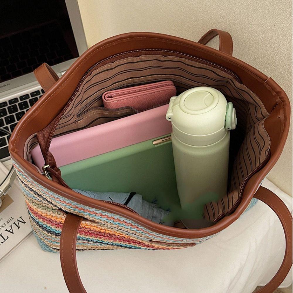Beach Handbag Bohemian Beach Bag Hollow Out Strip Shoulder Bag Fashion Straw Woven Bag  Holiday