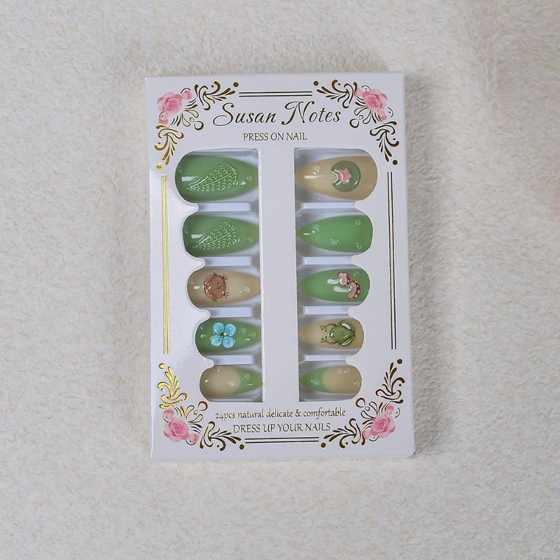 24Pcs Summer Green Lotus Almond Press On Nails Cute Frog French Tip Fake Nails With Glue Fresh Flower Manicure For Women