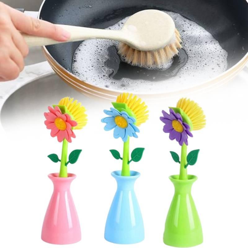 Long Flower Handle Pan Brush Storage Bottle Cleaner Creativity Decoration Tool