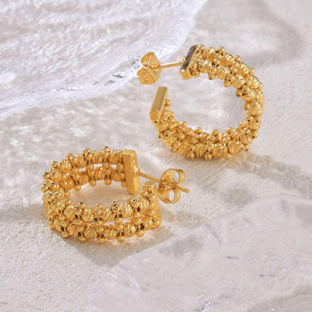 Trendy Geometric C-Shaped Gold Bead Earrings for Women – Fashionable Copper Design