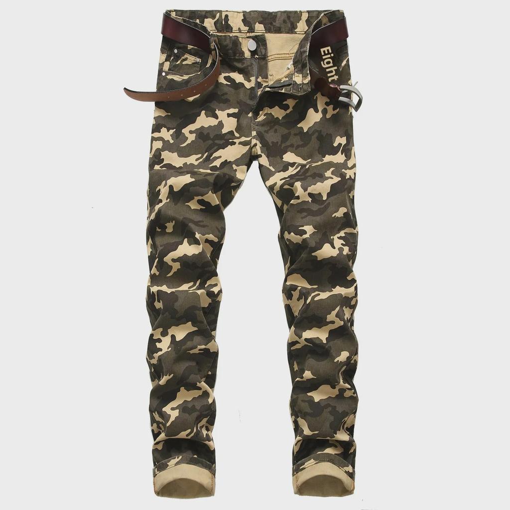 Herren Slim Fit Camouflage-Print Stretch Jeans - Militärgrüne Freizeithose