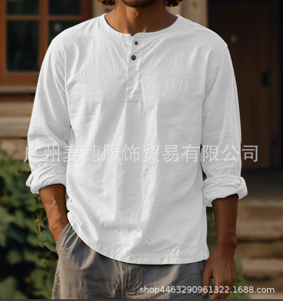 Men s Cross-border New Long-sleeved Cotton and Linen Solid Color Shirt T-shirt Round Neck Cross-clothing Buttons Two Buttons Linen S