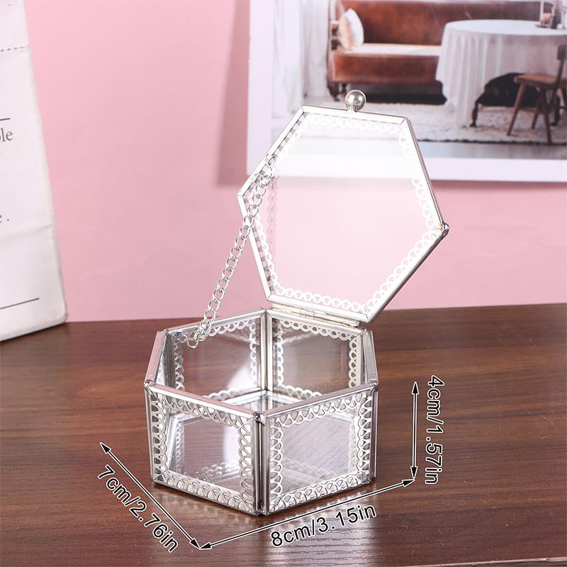 Hexagon Transparent Glass Storage Box Jewelry Ring Earring Beads Coins Display Case Keepsake Organizer Tabletop Container