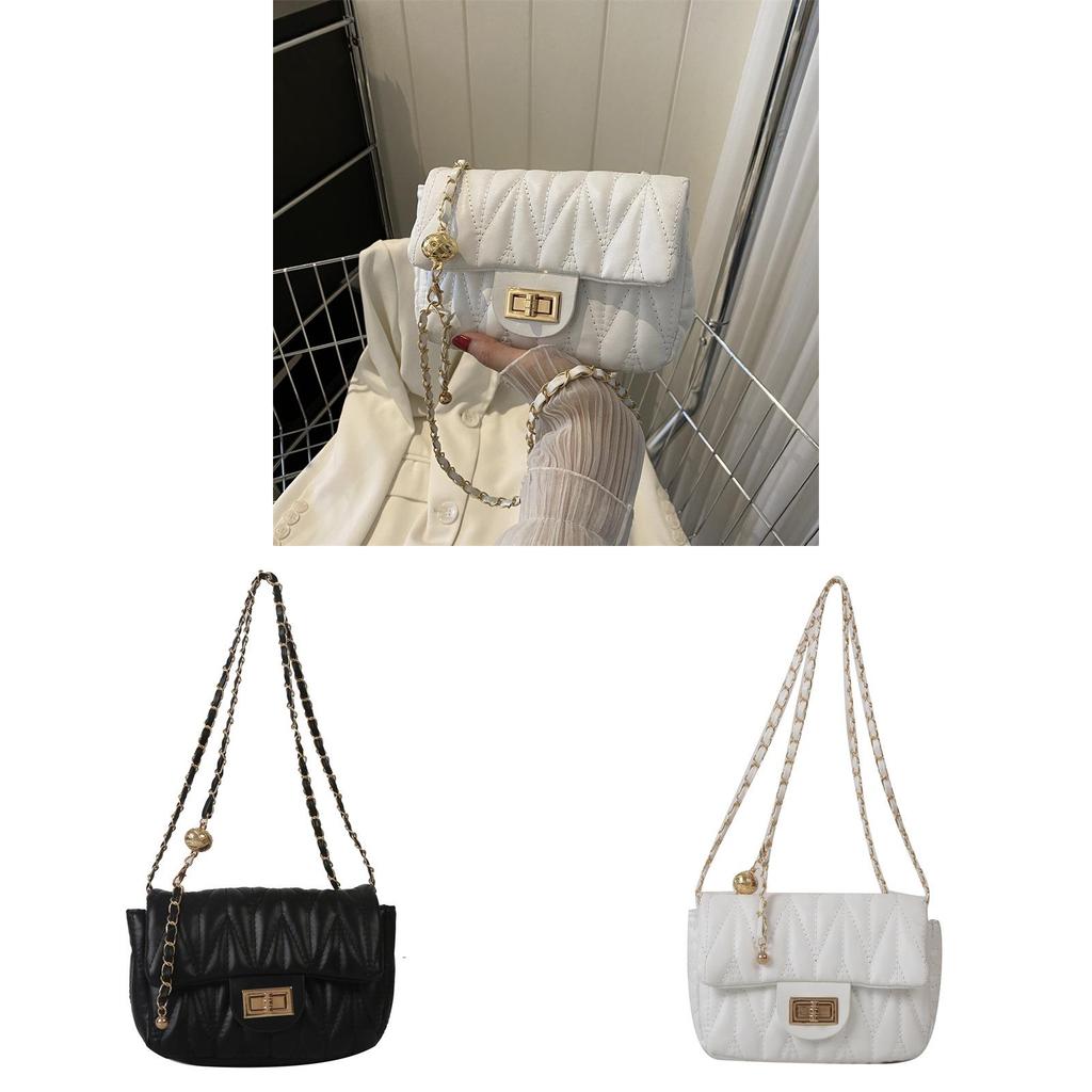 Womens Trendy Square Chain Shoulder Bag With Embroidered Lines For Daily Use
